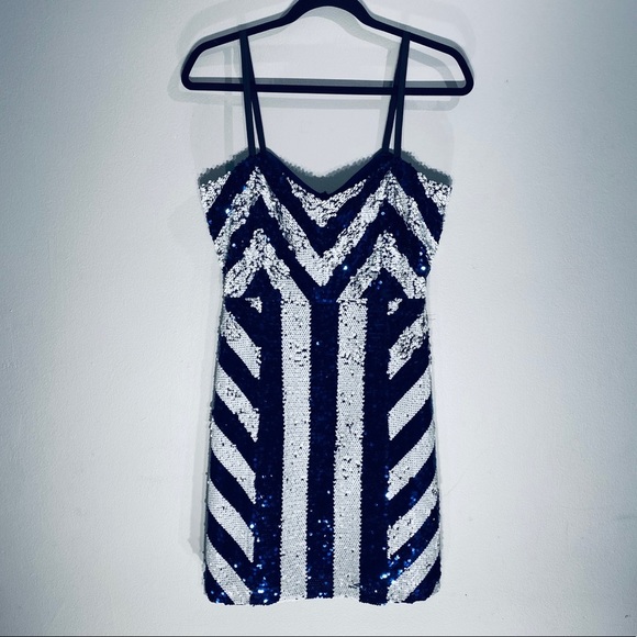 Glam Sequined Navy/ White Dress**Small $148 - Picture 2 of 6